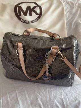 Michael Kors Metallic Gunmetal Patent Satchel with Tan Straps & Dust Bag